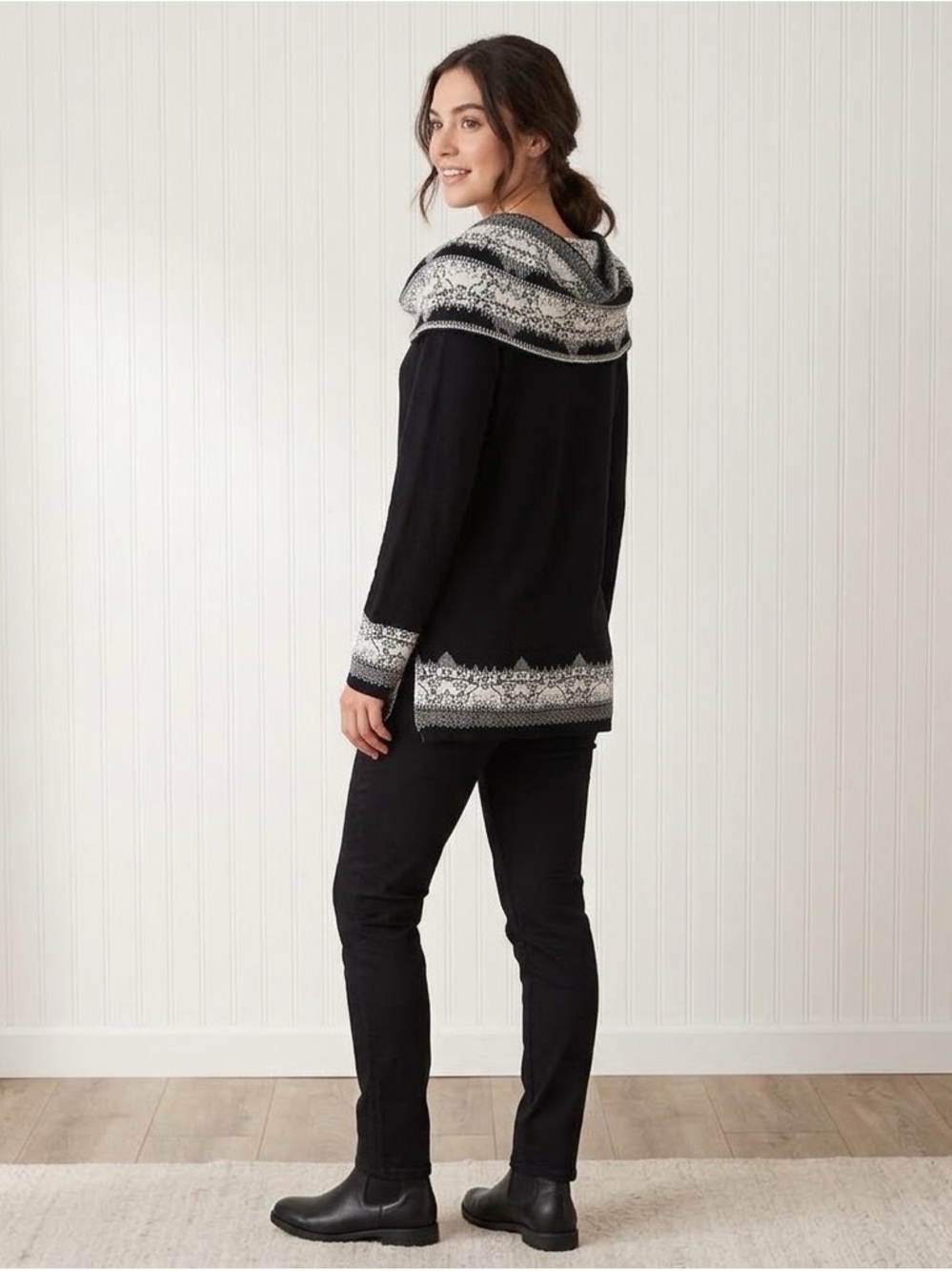 Notations Black Sweater with White Patterned Cowl